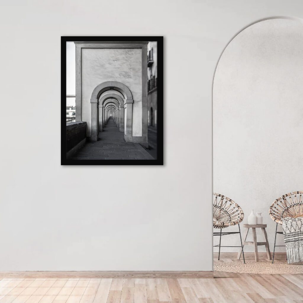 Monochromatic view of arched doorways in Florence.