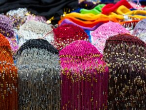 Close-up of colorful Egyptian bead drapes