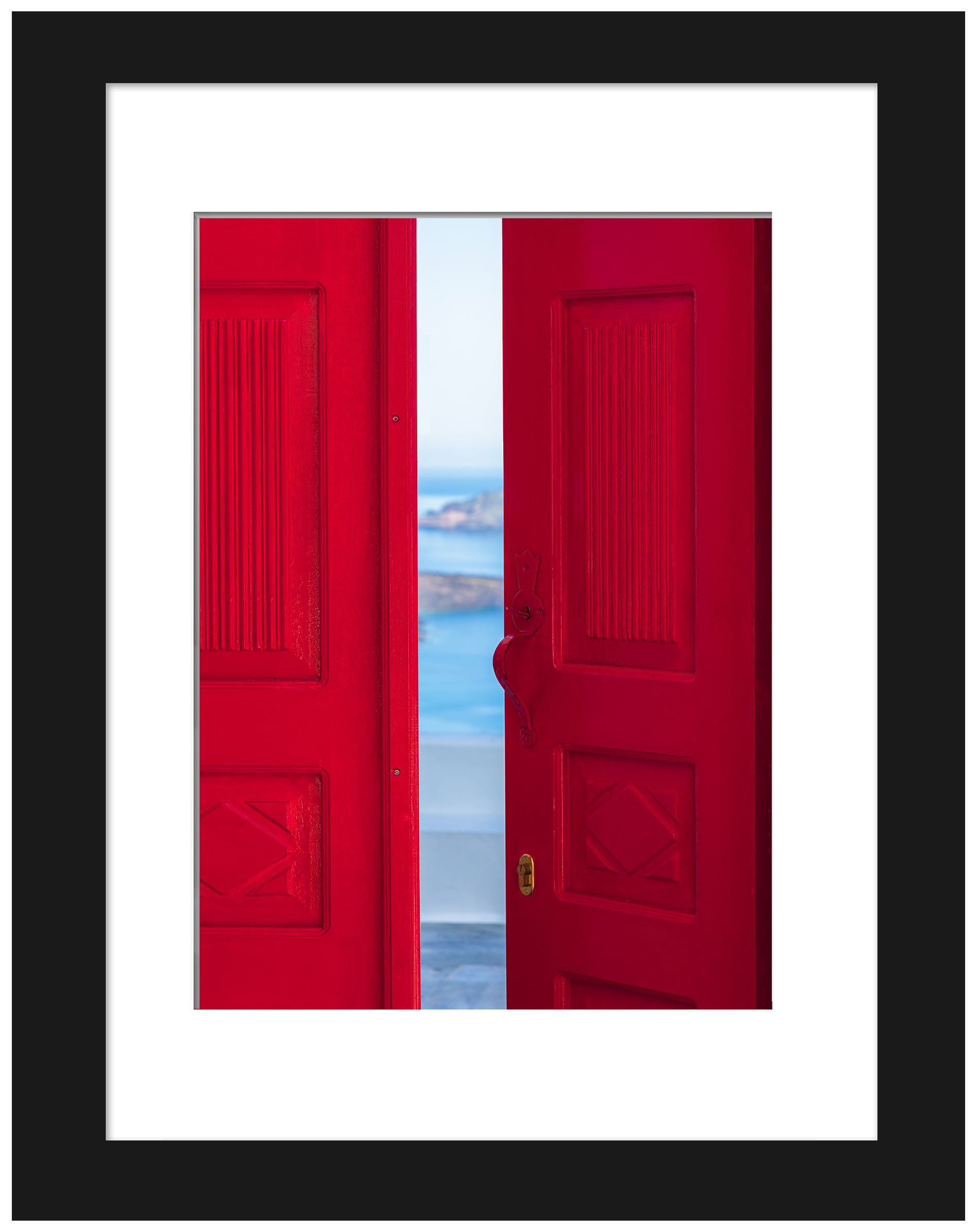 Bright red doorway opening to a view of the Santorini caldera with blue waters below.