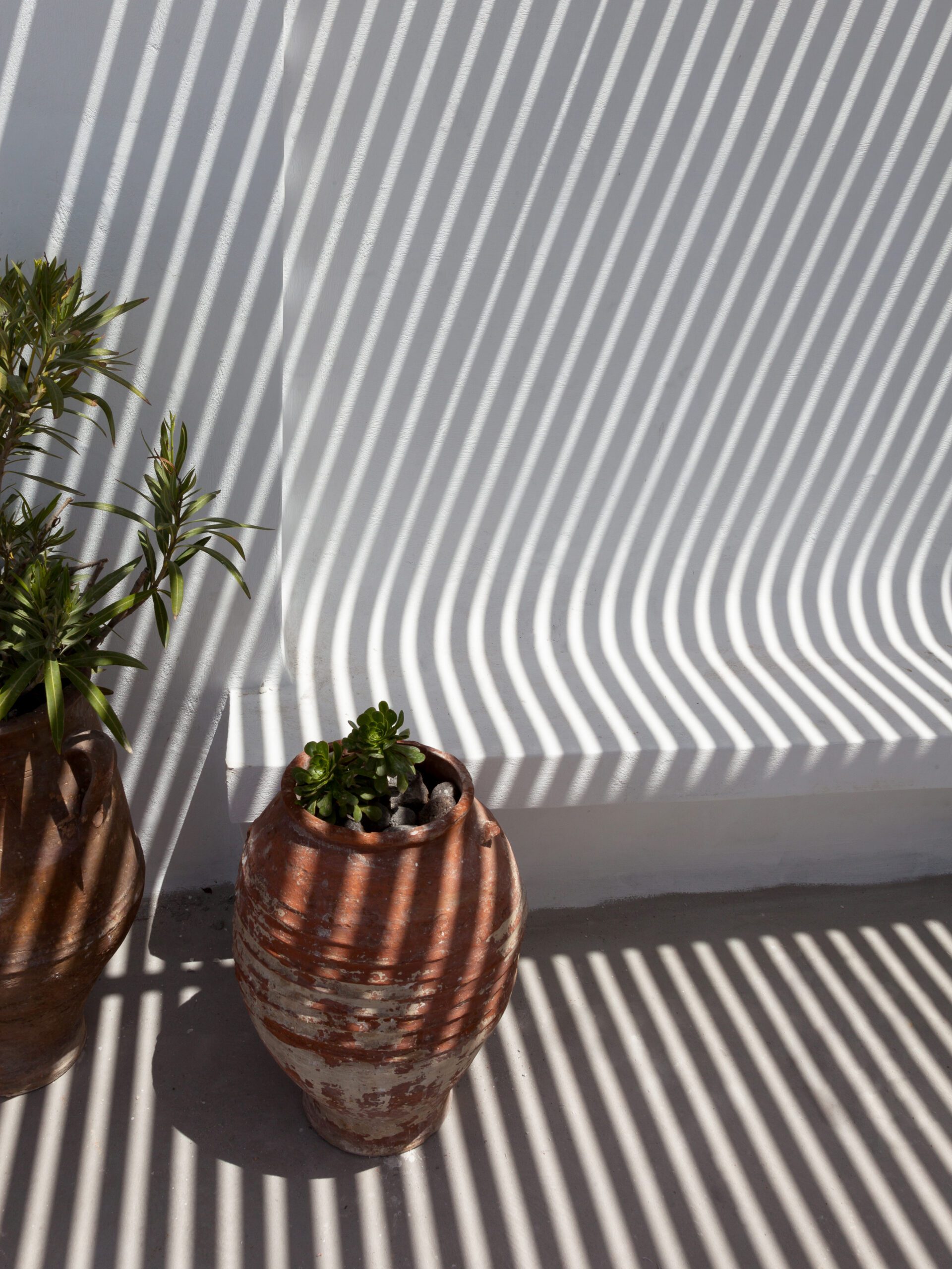 Clay pots on a Santorini balcony with dramatic geometric shadows cast by the sunlight.